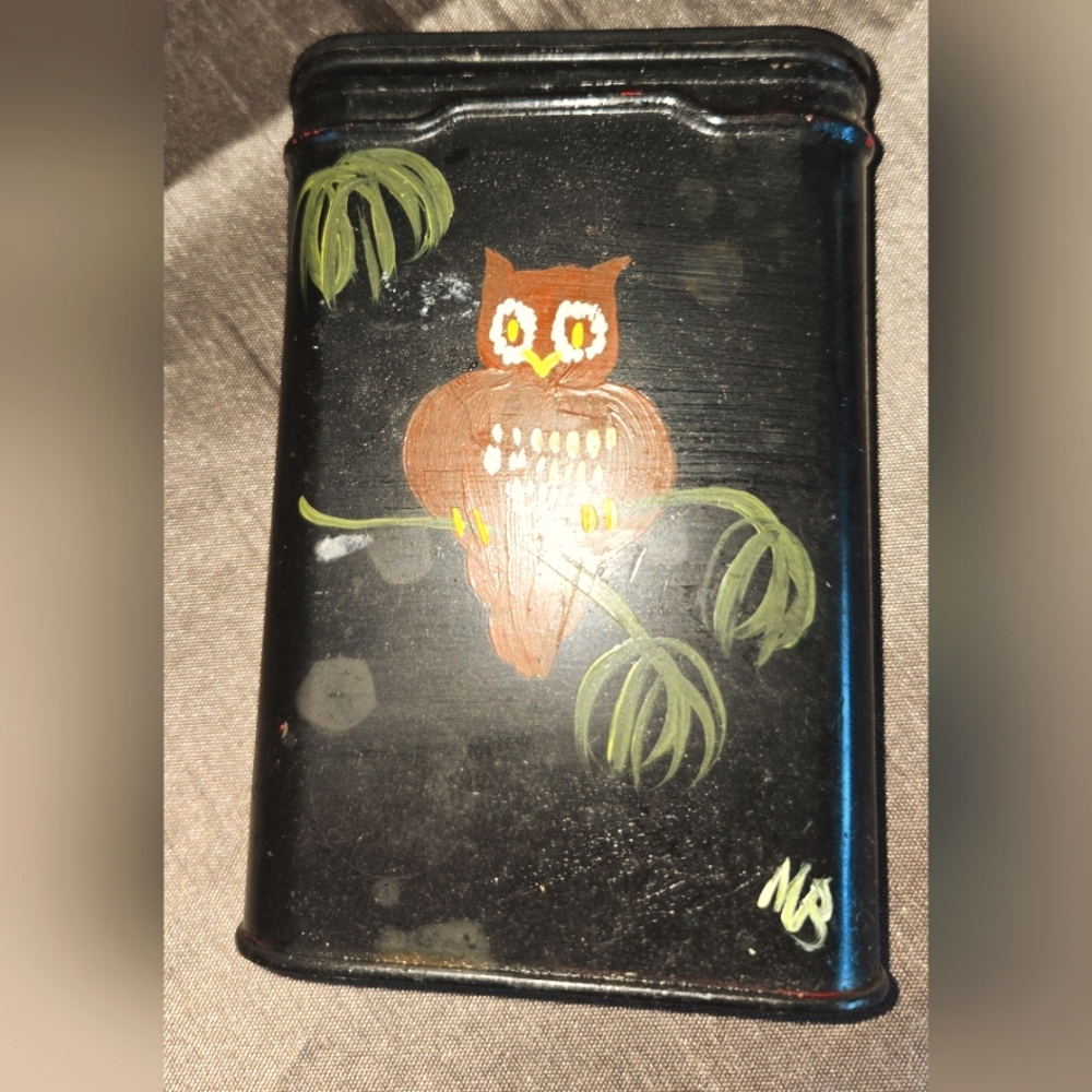 Vintage prince albert tobacco tin painted owl signed